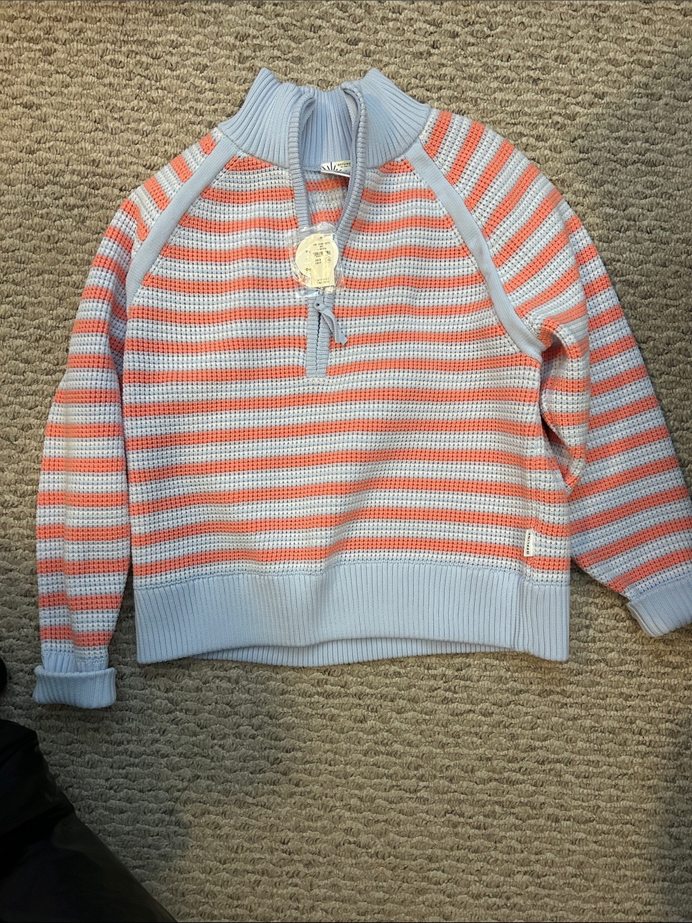 aerie Striped Half-Zip Turtleneck Sweater in Light Blue and Coral